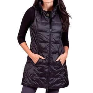 My Anorak Long Black Shine Nylon Duck Down Feather Puffer Vest Size M